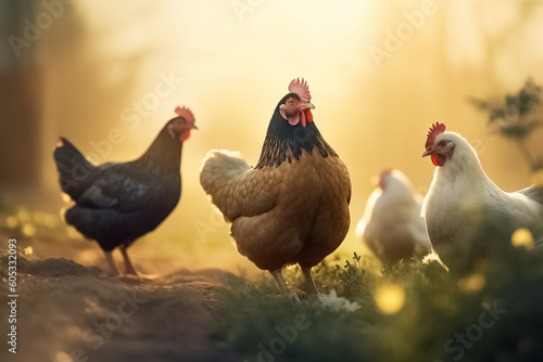 Chicken Sunset. Closeup of a hen in a farmyard. Ordinary red rooster and chickens looking for grains while walking in paddock on farm. 