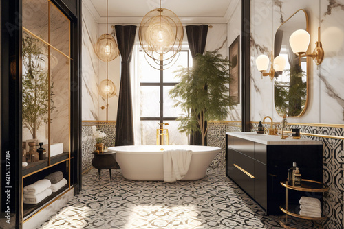 Luxury bathroom in art deco style with golden  black and white colors. Super photo realistic background  generative ai illustration