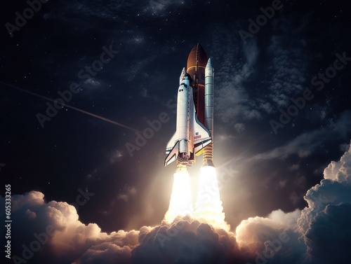 Space shuttle taking off into the sky Created with Generative AI technology