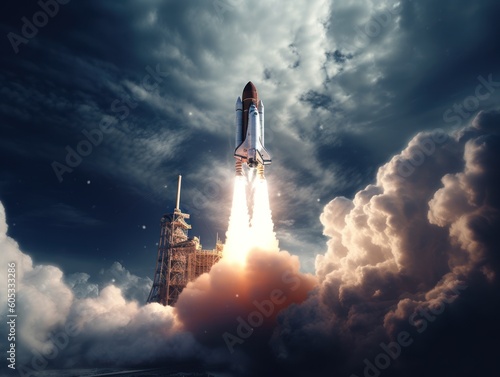 Space shuttle taking off into the sky Created with Generative AI technology