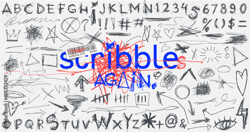 Collection of messy doodles and scribbles of arrow, shape, number, alphabet etc vector