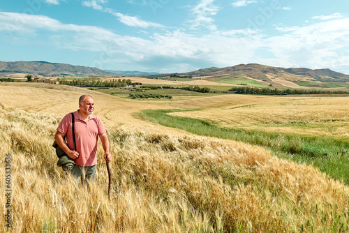 Middle-aged bearded man walking in golden wheat field in hot summer sun and blue sky with white clouds with mountains hill landscape in background. Leisure activity outdoors.