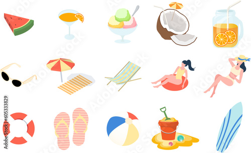 Collection of things for vacation at the beach. Leisure during Summer. Isometric accessories and outdoor activity beach items are Isolated on white background. Cute illustration in Flat Style Design.