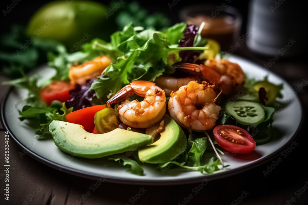 Shrimp and leafy vegetables salad with tomato, bell pepper, olive and avocado. Healthy food. generative ai

