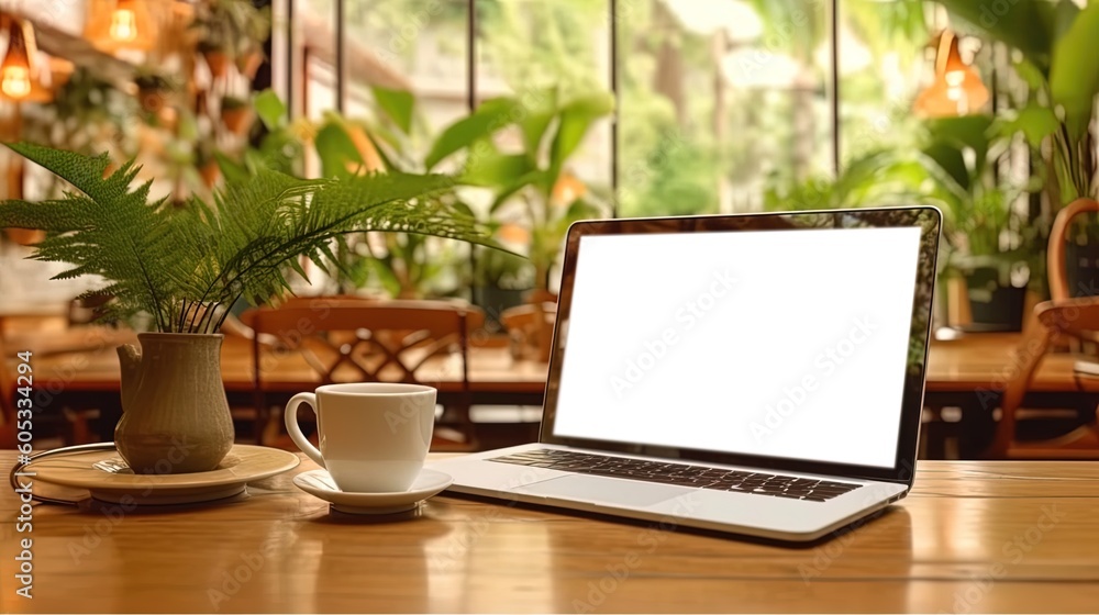 Fototapeta premium Laptop with blank screen on table workspace laptop showing blank screen background