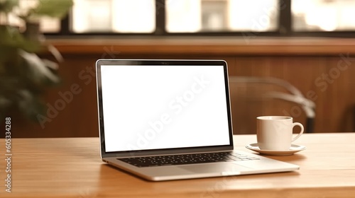 Laptop with blank screen on table workspace laptop showing blank screen background