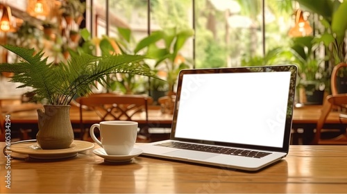 Laptop with blank screen on table workspace laptop showing blank screen background