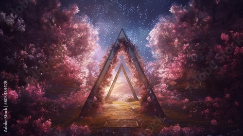 A triangular botanical portal, a gate on the way to another higher dimension. Journey through beautiful secret and picturesque worlds. Parallel dimension timeline concept. Generative AI
