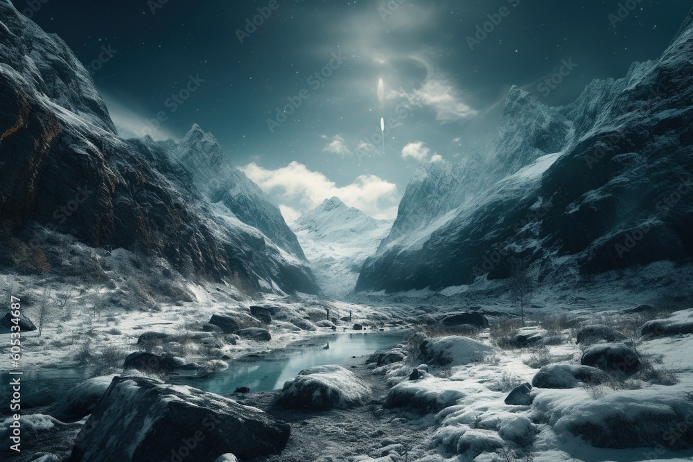 Majestic winter scenery of frozen mountains celtic woods .Generative AI