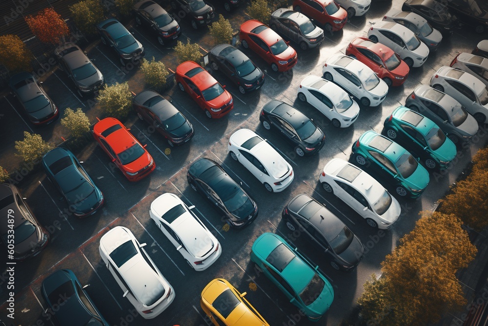 Fototapeta premium Parking lot with white and colored cars in separate groups .Generative AI