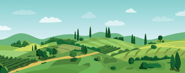 Acrylglasbilder Pistache Italian vineyards cartoon landscape with green hills and fields. Vector illustration. Flat design banner. European summer rural scenery  © Alex_Zakharov
