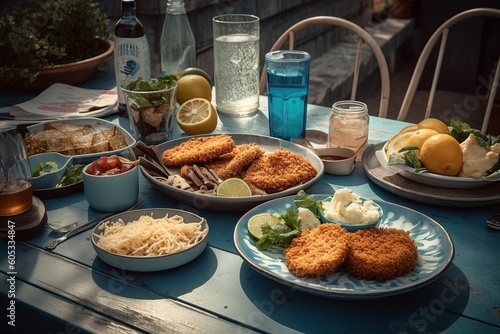 Outdoor meal of Schnitzel potato chips and drinks on a blue .Generative AI