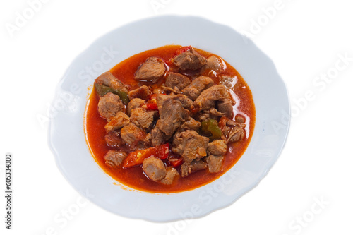 beef stew in tomato sauce traditional Georgian dish chashushuli white background top view. High quality photo photo