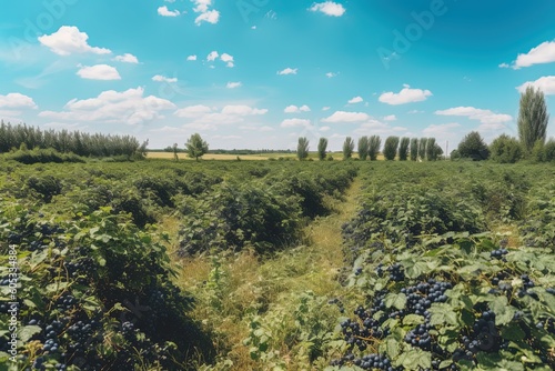 Panoramic view of black currant bushes in fruit plantations .Generative AI