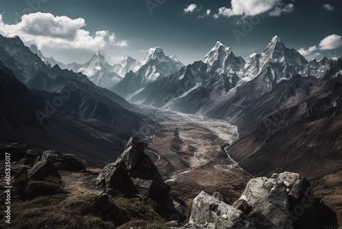  Scenic vista of Himalayan range tallest peak Everest . .Generative AI