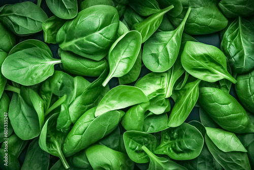 Top view on fresh organic spinach leaves. Healthy green food and vegan background. 