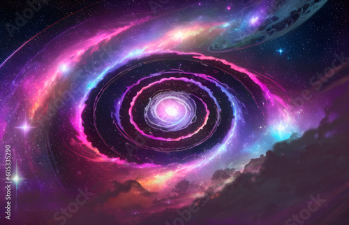Abstract image of a spiral galaxy, space, stars, nebulae. Generative AI