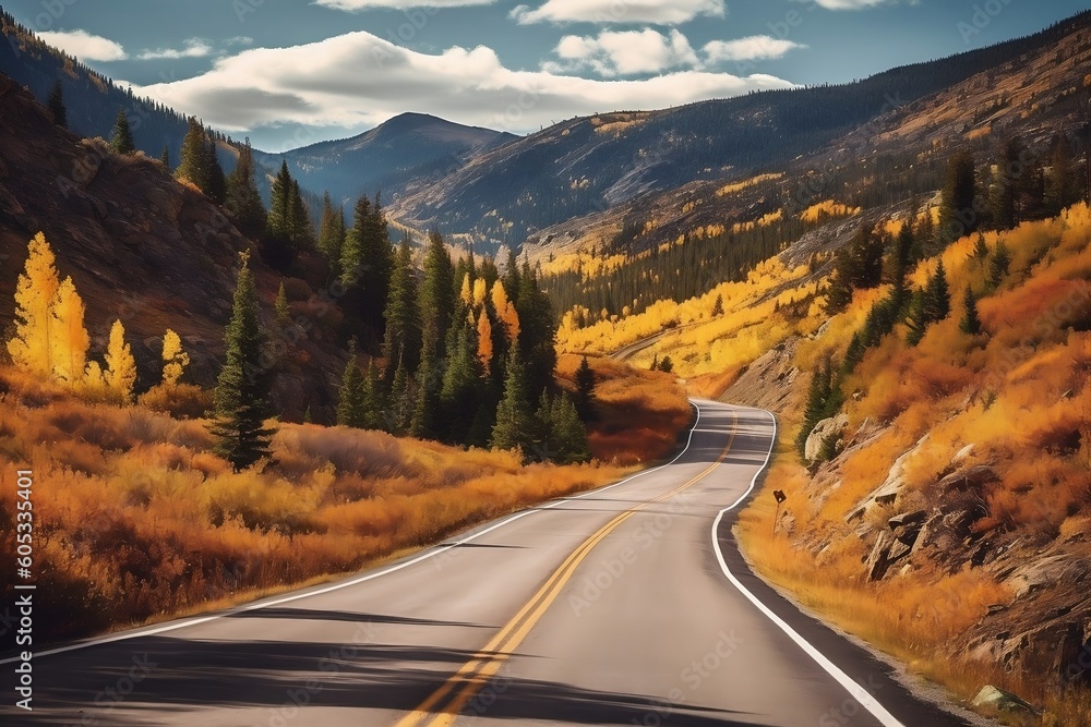 Scenic Autumn Mountain Road with Spectacular Views. AI