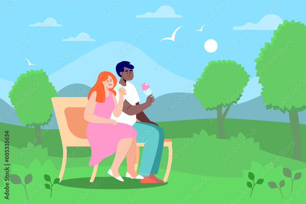 Interracial couple sitting on bench eating ice cream in park. Caucasian woman and African American man with sweet treats vector illustration. Food, desserts, summer, outdoor activity concept Interracial couple sitting on bench eating ice cream in park. Caucasian woman and African American man with sweet treats vector illustration. Food, desserts, summer, outdoor activity concept