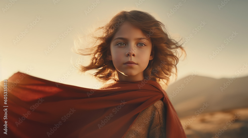 A young boy dressed as a superhero with a red cape. Innocence of youth. Golden hour. Child. A young boy dressed as a superhero with a red cape. Innocence of youth. Golden hour. Child.