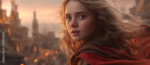 A young girl dressed as a superhero with a red cape. Girl Power. Strong young women. Serious expression. Future leader. Feminism. Confidence. Golden hour. Battle.