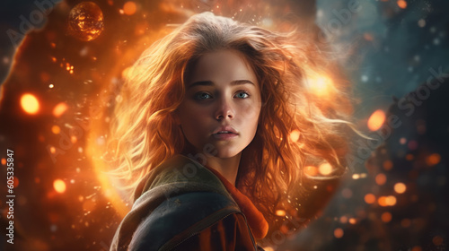 A young girl dressed with windswept hair. Energy and fire in the background. Girl Power. Strong young women. Generative AI