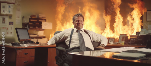 A smug CEO or businessman smiles while a fire burns in the background. Corporate waste, Corporate greed, Unfettered capitalism. Enron, FTX collapse. Smarmy overweight fat man.