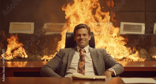 A smug overweight CEO or businessman smiles while a fire burns in the background. Corporate waste, Corporate greed, Unfettered capitalism. Enron, FTX collapse. Generative AI