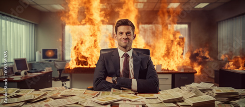 Fotografia A CEO or businessman smiles with crossed arms while his company burns in the background