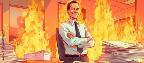 A smug CEO or businessman smiles while a fire burns in the background. Corporate waste, Corporate greed, Unfettered capitalism. Enron, FTX collapse. Cartoon. Generative AI photo
