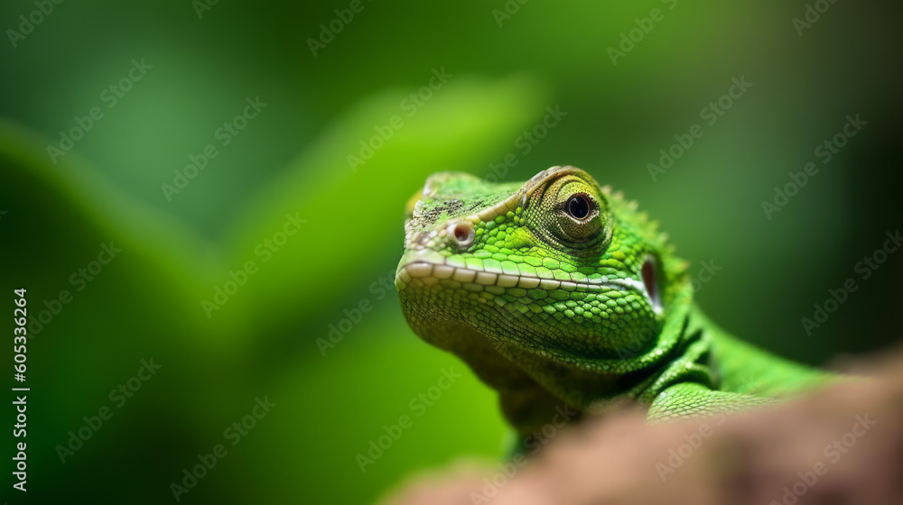A green chameleon or lizard sitting on a rock. Head shot close up. Generative AI A green chameleon or lizard sitting on a rock. Head shot close up. Generative AI