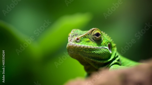 A green chameleon or lizard sitting on a rock. Head shot close up. Generative AI © Delta Amphule