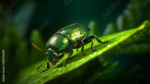 A metallic green bug or beetle standing on a leaf. Close up shot. Generative AI. © Delta Amphule