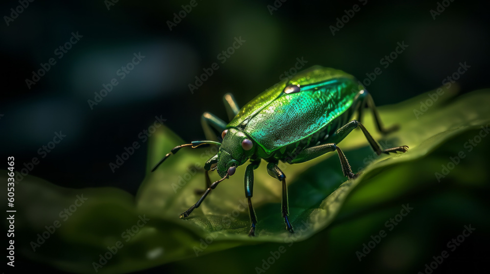 A shiny metallic green bug or beetle standing on a leaf. Alien. Close up shot. A shiny metallic green bug or beetle standing on a leaf. Alien. Close up shot.