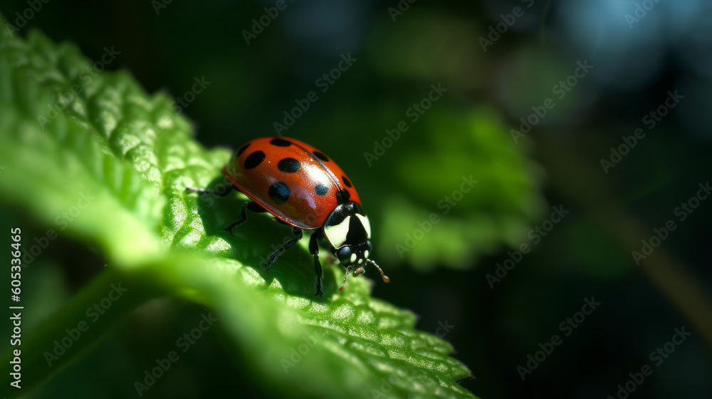 A red ladybug on a leaf. Extreme close up. Shallow depth of field. Nature. Environment. Sunlight. A red ladybug on a leaf. Extreme close up. Shallow depth of field. Nature. Environment. Sunlight.