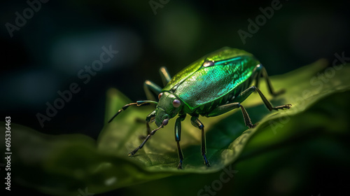 A shiny metallic green bug or beetle standing on a leaf. Alien. Close up shot.