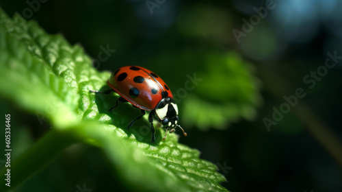 A red ladybug on a leaf. Extreme close up. Shallow depth of field. Nature. Environment. Sunlight. 
