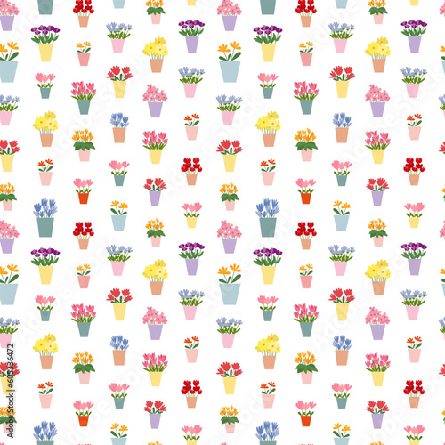 Fototapeta Naklejka Na Ścianę i Meble -  Vector different flowers bouquets seamelss pattern. Flat flowers in vases pattern. Tulips. roses, daffodils and irises