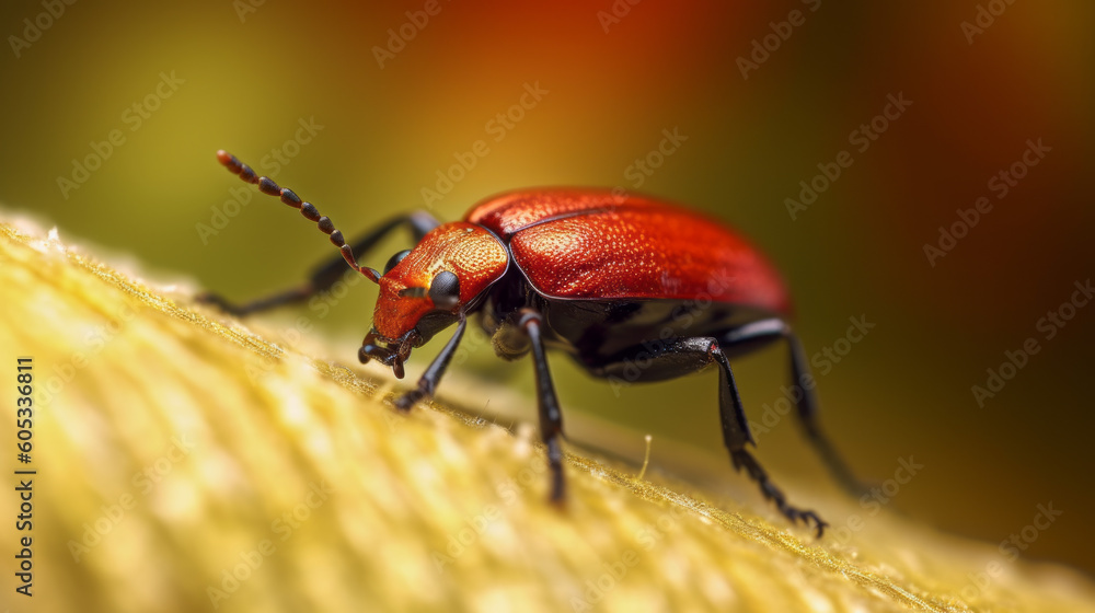Macro Photo: Close-up of a Red Bug walking on a tree branch or a log. Generative AI. Macro Photo: Close-up of a Red Bug walking on a tree branch or a log. Generative AI.