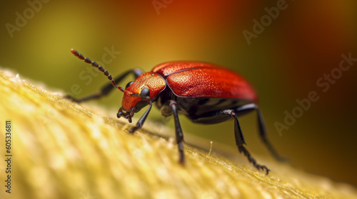 Macro Photo: Close-up of a Red Bug walking on a tree branch or a log. Generative AI. © Delta Amphule