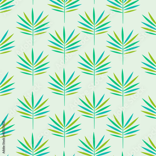 Beautiful Geometric tropical palm leaves seamless pattern in green and teal. For fabric, summer background, home decor and wallpaper 