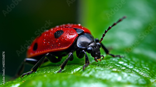 Macro photo of a Red Ladybug Perched on a Leaf with Shallow Depth of Field. Generative AI.