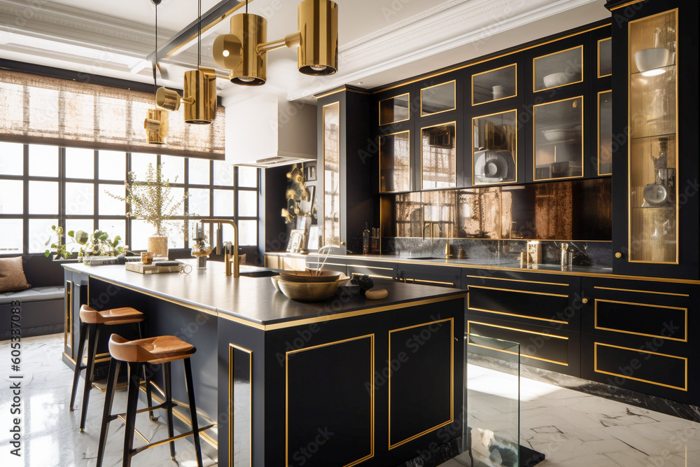 Luxury kitchen in art deco style with golden, black and white colors