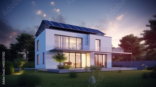 Family house with solar panels and sunrise solar energy system Sunset.