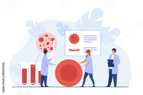 Tiny doctors studying big red blood cell vector illustration. Blood test, cartoon drawing of medical professionals examining blood sample in laboratory. Medicine, health, science concept