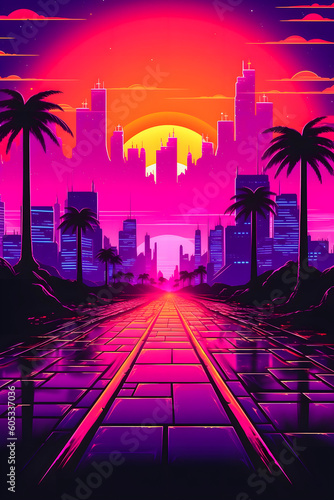 Retro Neon Sunset Art: Synthwave Style with Easy Overlook in Cyberpunk Background © aprilian