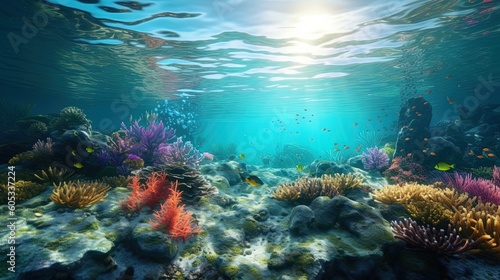 Underwater Scene With Coral Reef Underwater Blue Tropical Seabed With Reef And Sunbeam