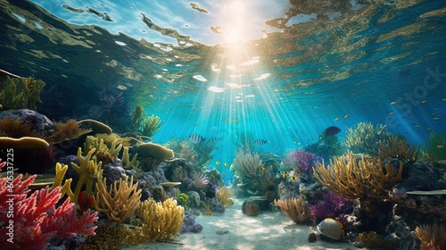 Fototapeta Naklejka Na Ścianę i Meble -  Underwater Scene With Coral Reef Underwater Blue Tropical Seabed With Reef And Sunbeam