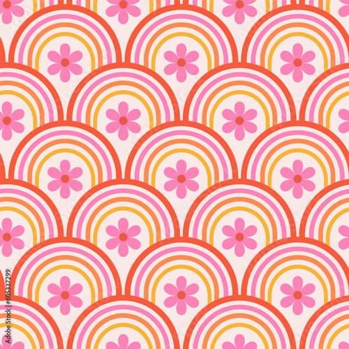 Retro Pink cute flowers on rainbow shapes seamless pattern. For fabric, wrapping paper, wallpaper and home decor 