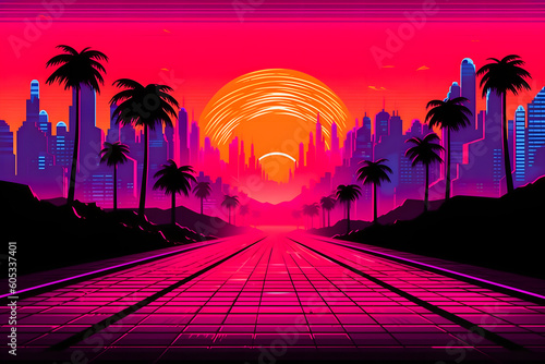 Synthwave Sunset Illustration: Cyberpunk Retro Neon Background with Easy Overlook